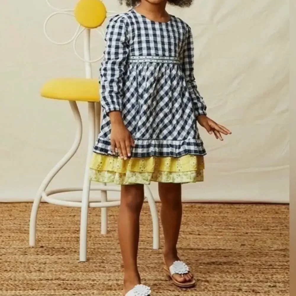 Matilda Jane Dress Girls 8 Navy Gingham Floral Long Sleeve Ruffle Cottagecore